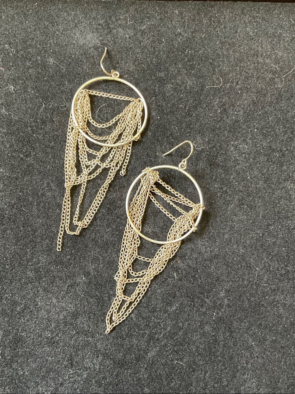 Silver hoop with chain dangle earrings